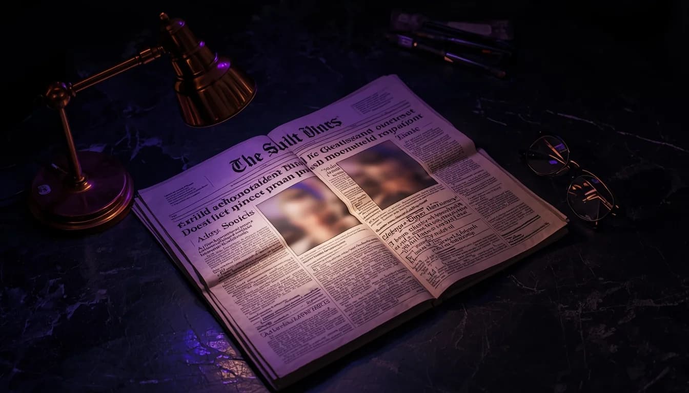 Editorial still life — an open broadsheet under copper lamplight.